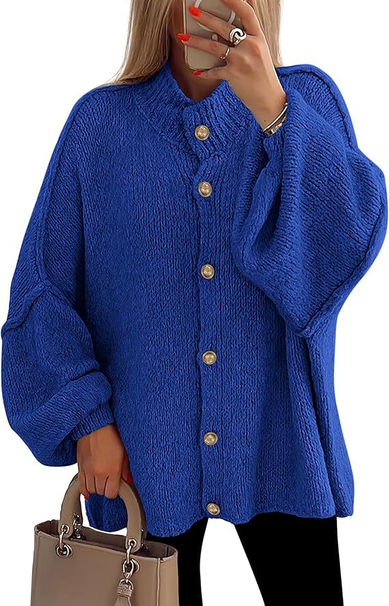 PrettyGarden Women's Winter Button Down Cardigan Sweaters Mock Neck Lantern LongSleeve Chunky Knit Jacket Trendy Outerwear