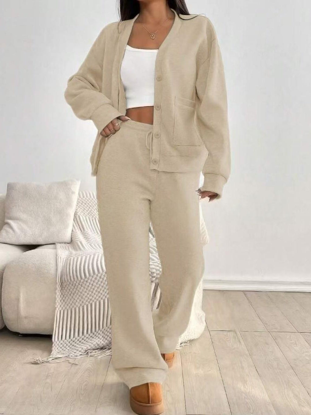 Women's Cardigan Jacket Wide-Leg Pants Casual Suit