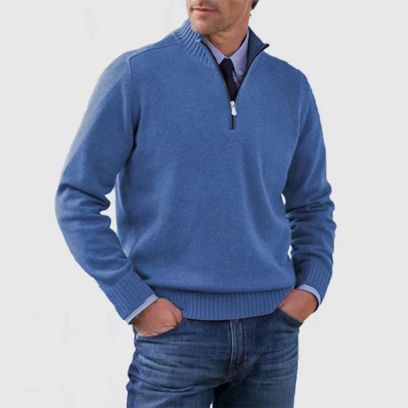 Stylish, versatile, soft, and warm men's cotton turtleneck sweater with zipper closure.