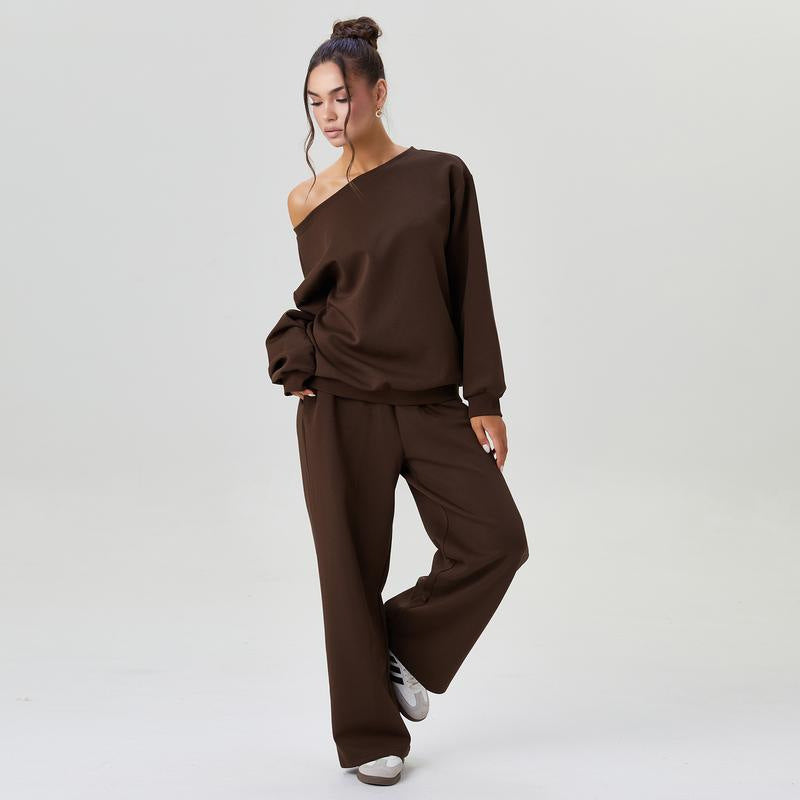Women's Leisure Solid Color SlopingShoulder Long Sleeve Top & Wide Leg TrousersCo-ord, Cozy Scoop Neck Loose Two PieceOutfits,Basic Womenswear