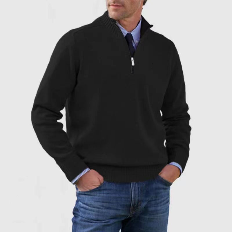 Stylish, versatile, soft, and warm men's cotton turtleneck sweater with zipper closure.