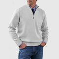 Stylish, versatile, soft, and warm men's cotton turtleneck sweater with zipper closure.
