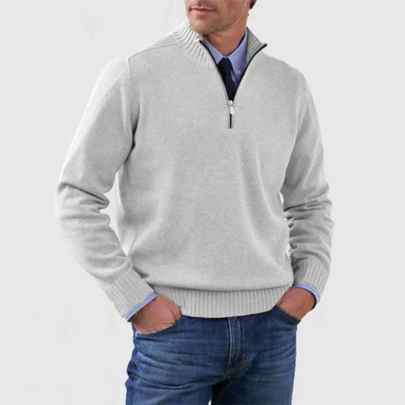 Stylish, versatile, soft, and warm men's cotton turtleneck sweater with zipper closure.