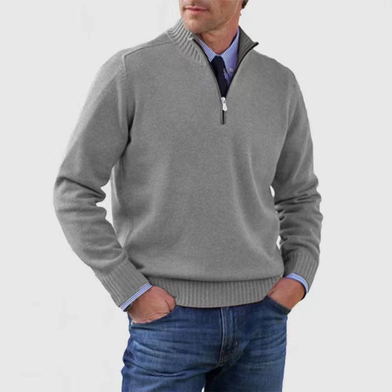 Stylish, versatile, soft, and warm men's cotton turtleneck sweater with zipper closure.
