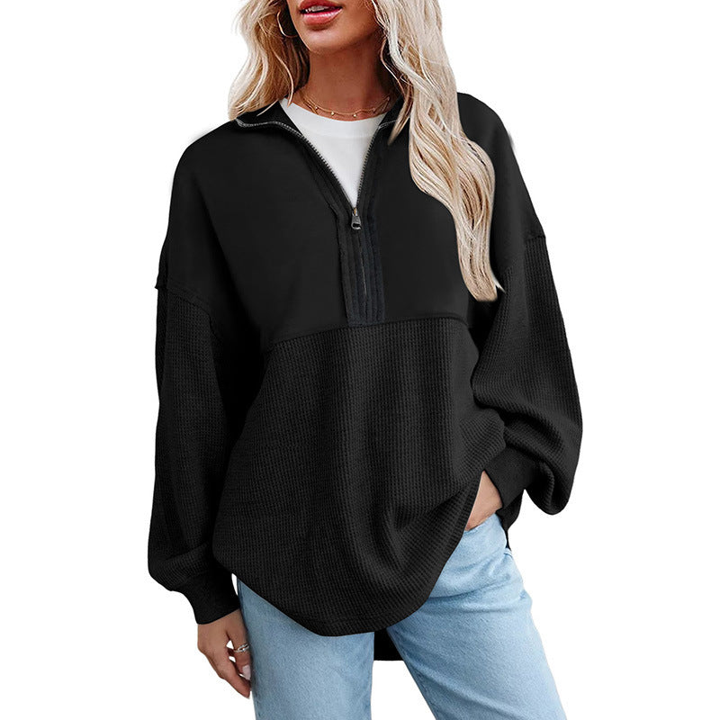 Women's loose-fitting button-down Henley collar sweatshirt, casual long-sleeved pullover sweater, V-neck solid color patchwork belted top