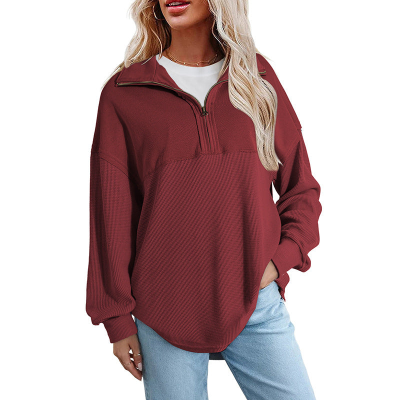 Women's loose-fitting button-down Henley collar sweatshirt, casual long-sleeved pullover sweater, V-neck solid color patchwork belted top