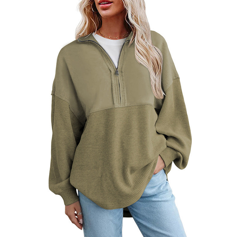 Women's loose-fitting button-down Henley collar sweatshirt, casual long-sleeved pullover sweater, V-neck solid color patchwork belted top