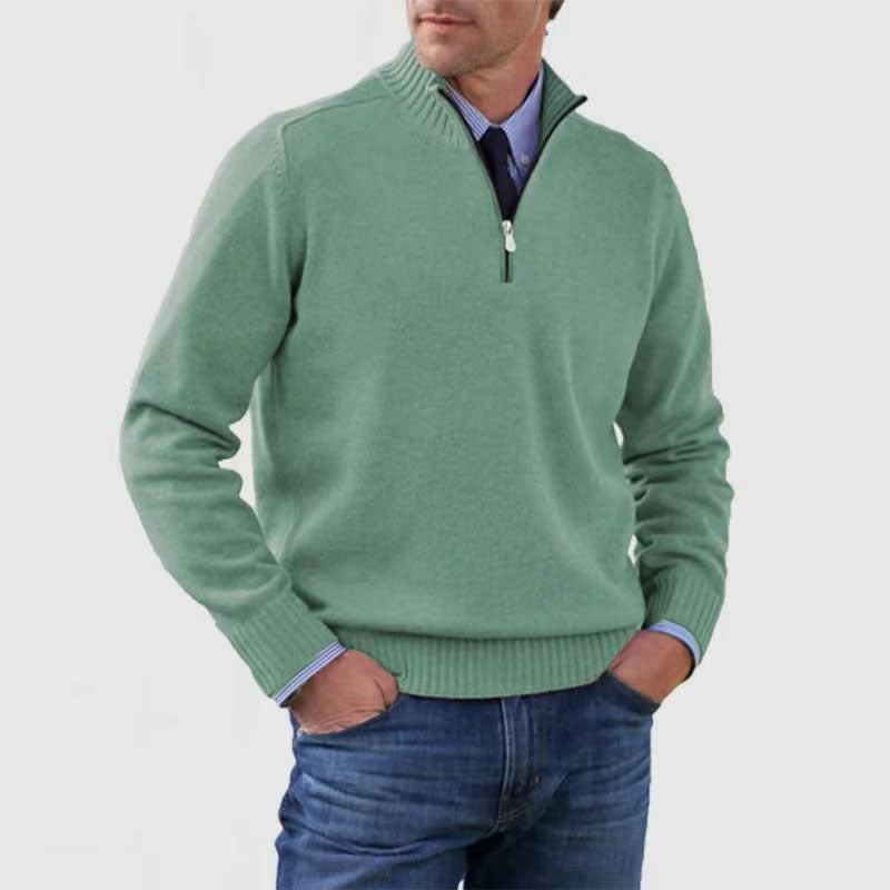 Stylish, versatile, soft, and warm men's cotton turtleneck sweater with zipper closure.