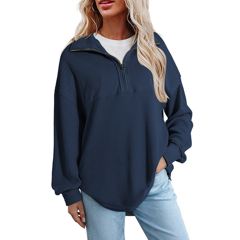 Women's loose-fitting button-down Henley collar sweatshirt, casual long-sleeved pullover sweater, V-neck solid color patchwork belted top