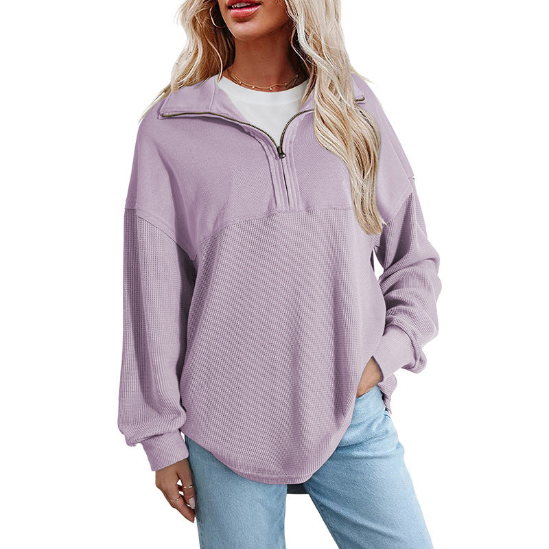 Women's loose-fitting button-down Henley collar sweatshirt, casual long-sleeved pullover sweater, V-neck solid color patchwork belted top