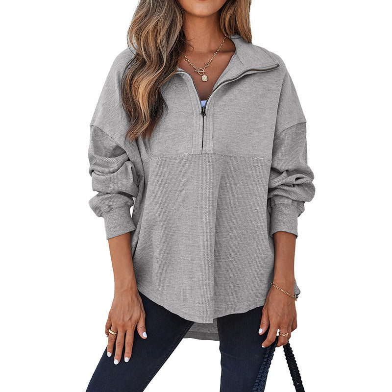 Women's loose-fitting button-down Henley collar sweatshirt, casual long-sleeved pullover sweater, V-neck solid color patchwork belted top