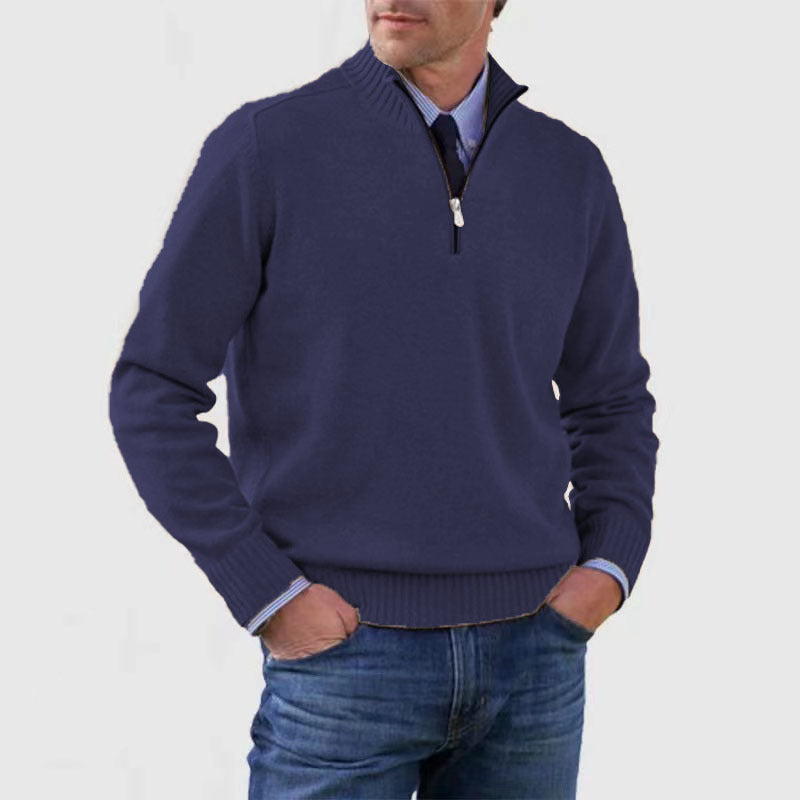 Stylish, versatile, soft, and warm men's cotton turtleneck sweater with zipper closure.