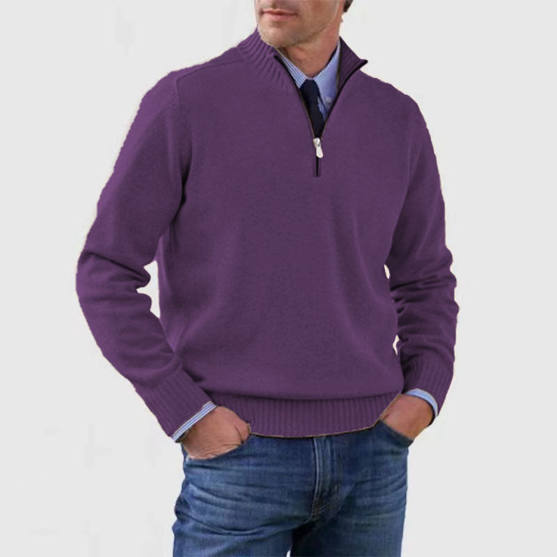 Stylish, versatile, soft, and warm men's cotton turtleneck sweater with zipper closure.