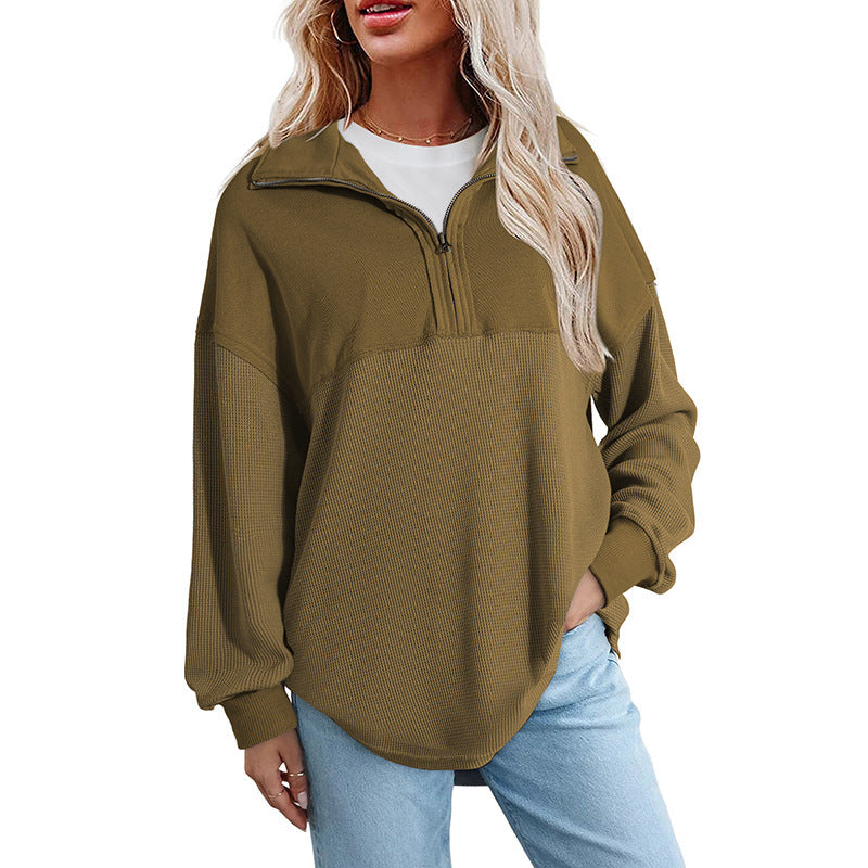 Women's loose-fitting button-down Henley collar sweatshirt, casual long-sleeved pullover sweater, V-neck solid color patchwork belted top