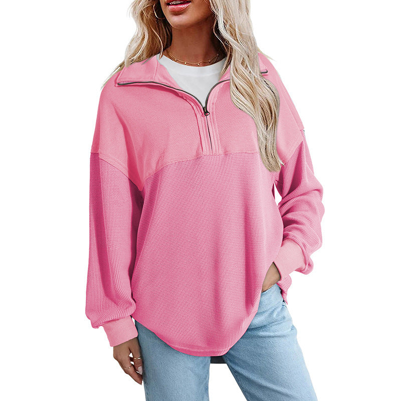 Women's loose-fitting button-down Henley collar sweatshirt, casual long-sleeved pullover sweater, V-neck solid color patchwork belted top
