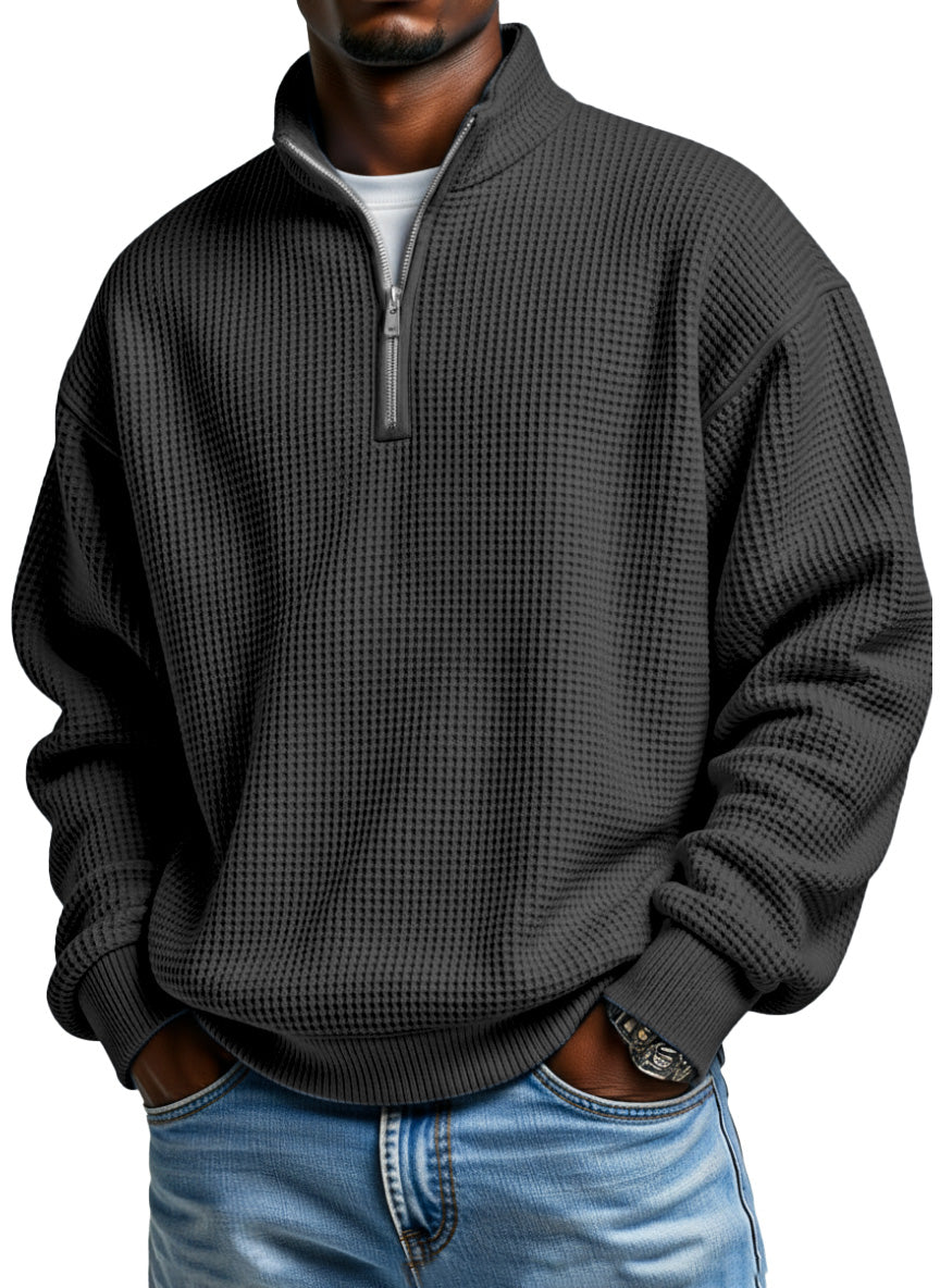 Men's Daily Loose And Simple Waffle Half-zip Stand Collar Long-sleeved Polo Shirt