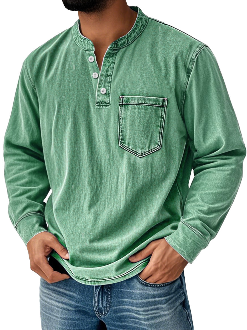 Men's Retro Stand Collar Pocket Casual Distressed Long Sleeve Henley Shirt