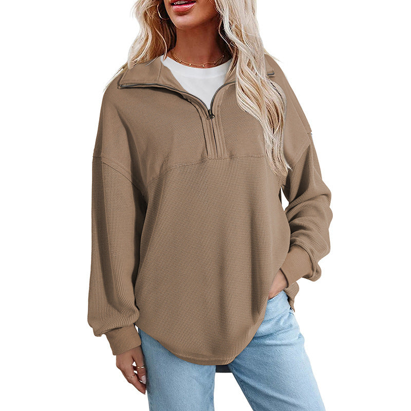 Women's loose-fitting button-down Henley collar sweatshirt, casual long-sleeved pullover sweater, V-neck solid color patchwork belted top