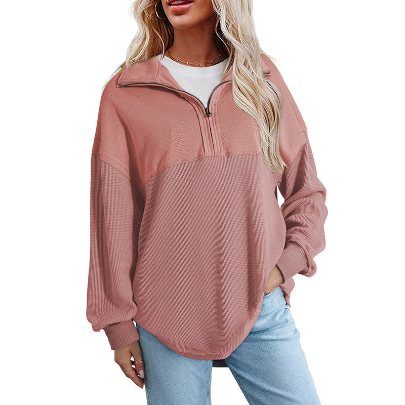 Women's loose-fitting button-down Henley collar sweatshirt, casual long-sleeved pullover sweater, V-neck solid color patchwork belted top