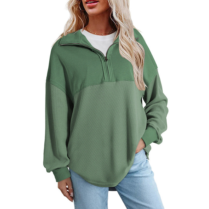 Women's loose-fitting button-down Henley collar sweatshirt, casual long-sleeved pullover sweater, V-neck solid color patchwork belted top