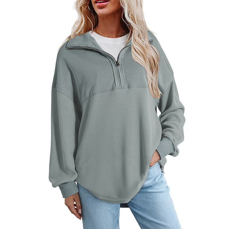 Women's loose-fitting button-down Henley collar sweatshirt, casual long-sleeved pullover sweater, V-neck solid color patchwork belted top