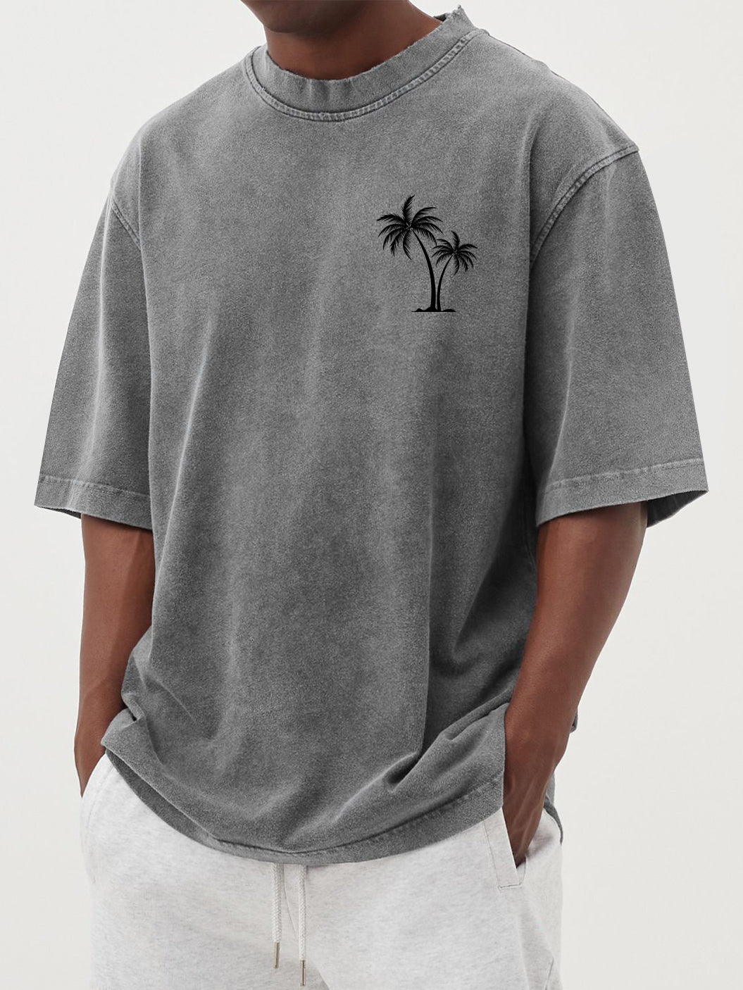 Men's Cotton Washed Distressed Palm Tree Print Short Sleeved Round Neck T-shirt
