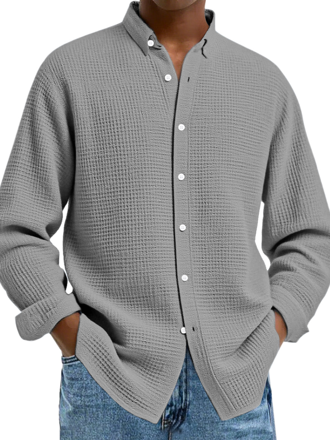 Men's Solid Color Casual Breathable Fabric Button Long Sleeve Shirt