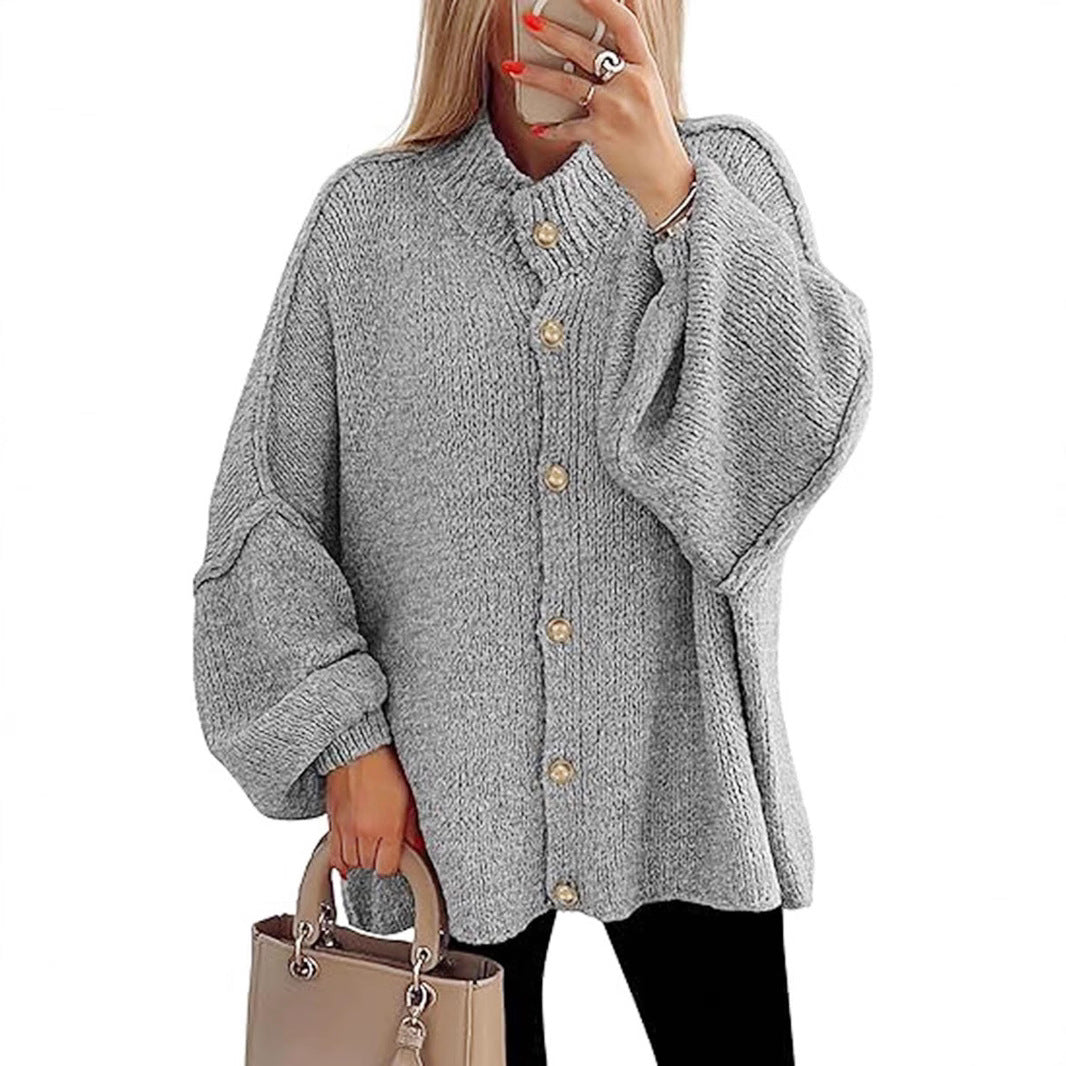 PrettyGarden Women's Winter Button Down Cardigan Sweaters Mock Neck Lantern LongSleeve Chunky Knit Jacket Trendy Outerwear