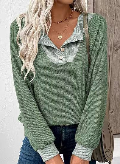 EVALESS Women's Spring Lightweight Puff Long Sleeve Sweatshirt, V Neck Button Up Solid,Casual Basic Pullover Tops, 2026 Fashion Minimalist Outfit