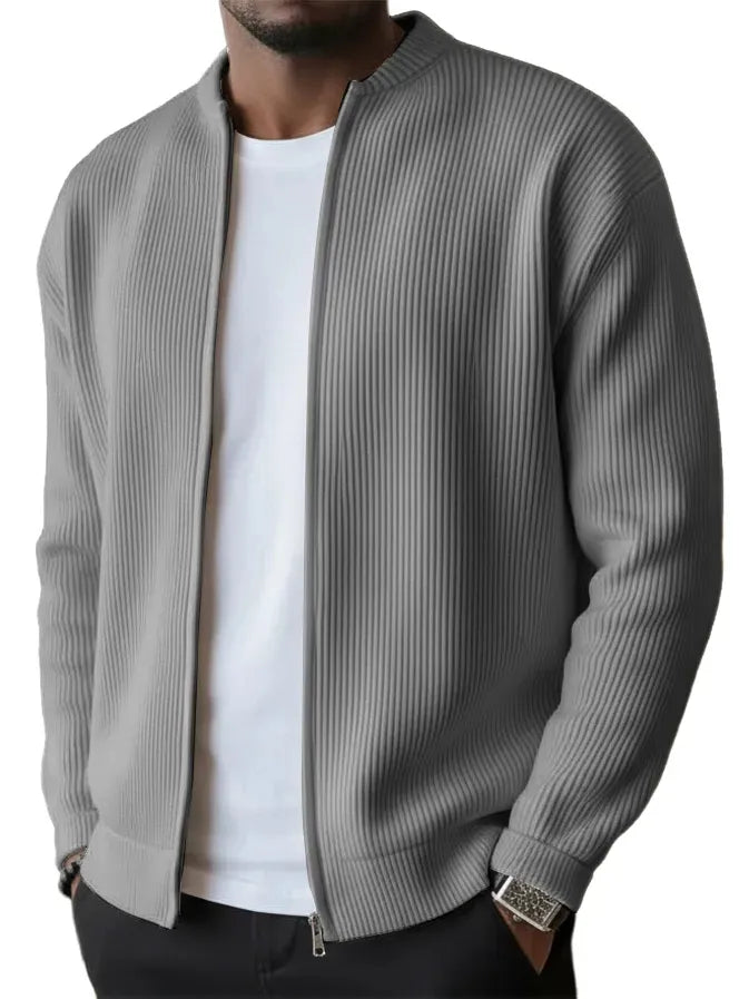 SLEEVED JACKET MEN'S SIMPLE CASUAL RIBBED STAND COLLAR ZIPPER LONG