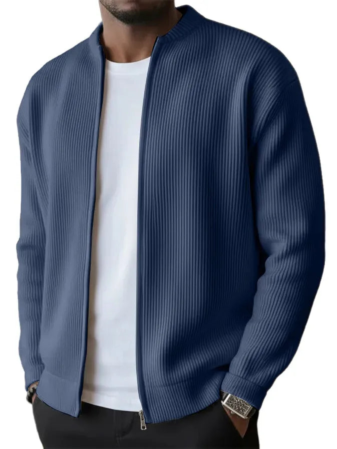 SLEEVED JACKET MEN'S SIMPLE CASUAL RIBBED STAND COLLAR ZIPPER LONG