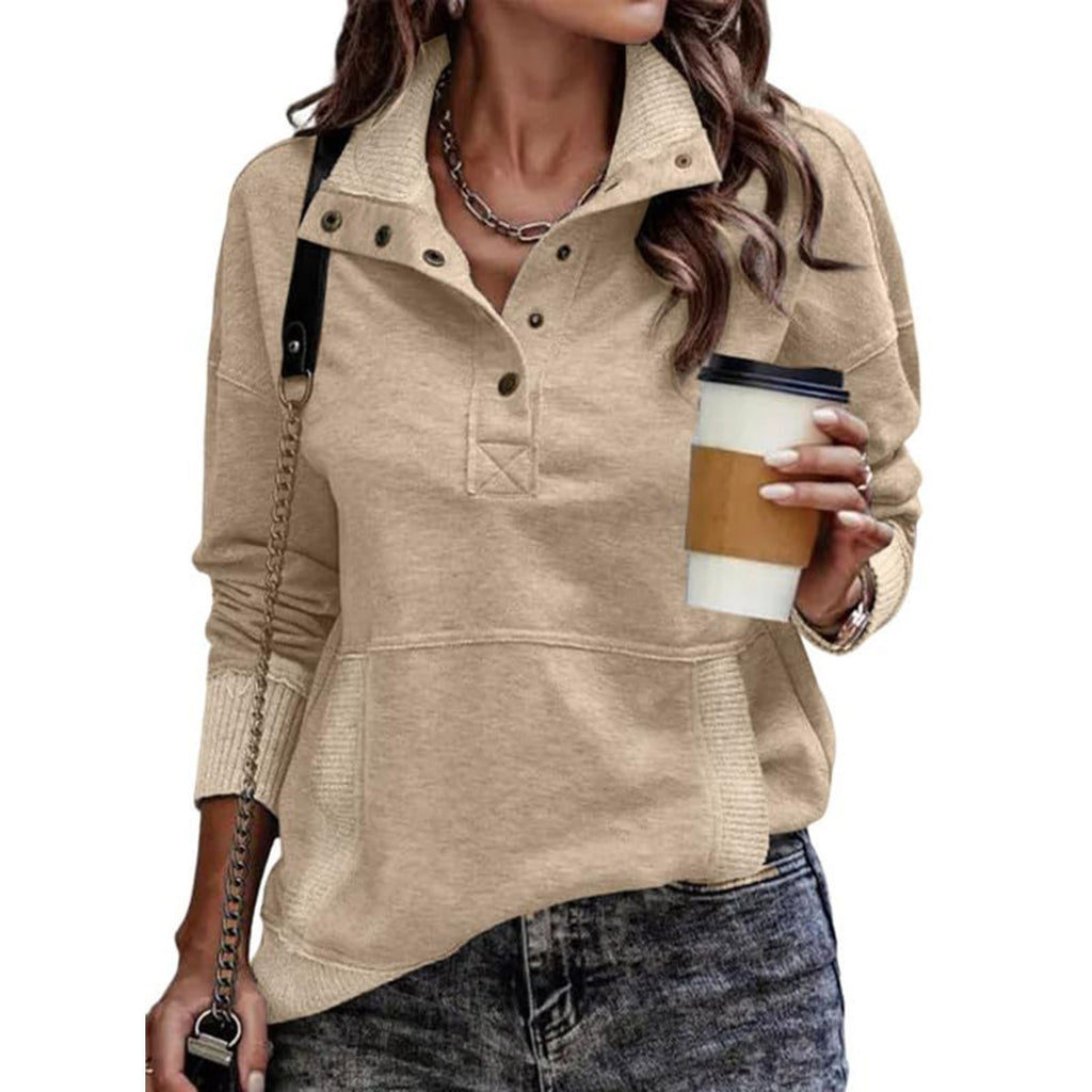 Autumn/Winter Solid Color Pocket Design Long Sleeve Button Fashion Street Style Women's Sweatshirt
