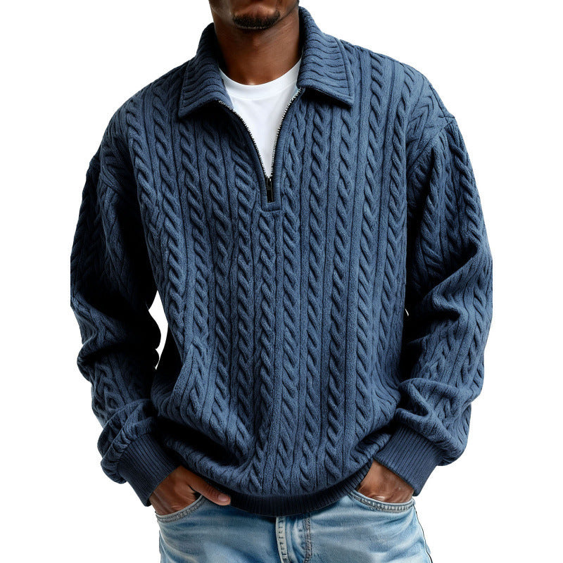 Men's Clothing Fashionable Casual Twist Texture Fabric Lapel Zipper Long-sleeved Hoodie