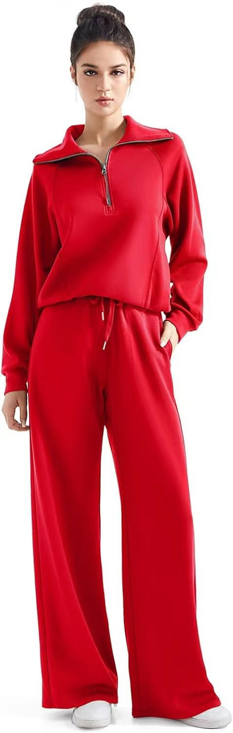 Women's Two-Piece Outfit Half-ZipSweatshirt & Wide Leg Sweatpants Tracksuit forAutumn Sportswear Running Fitness LoungewearSet