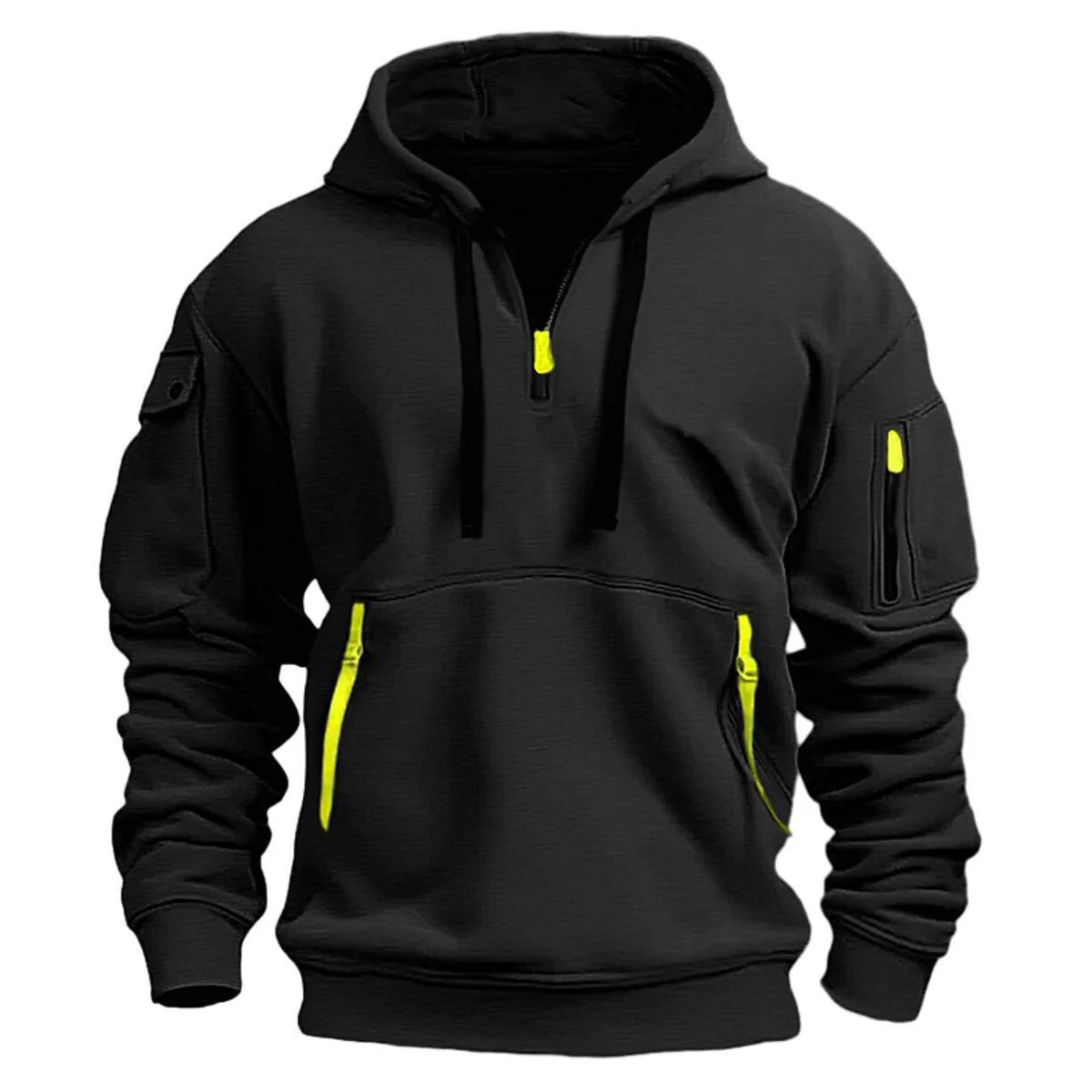 Stylish zippered hooded sweatshirt with multiple pockets, a men's athletic casual jacket.