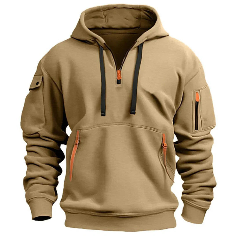 Stylish zippered hooded sweatshirt with multiple pockets, a men's athletic casual jacket.