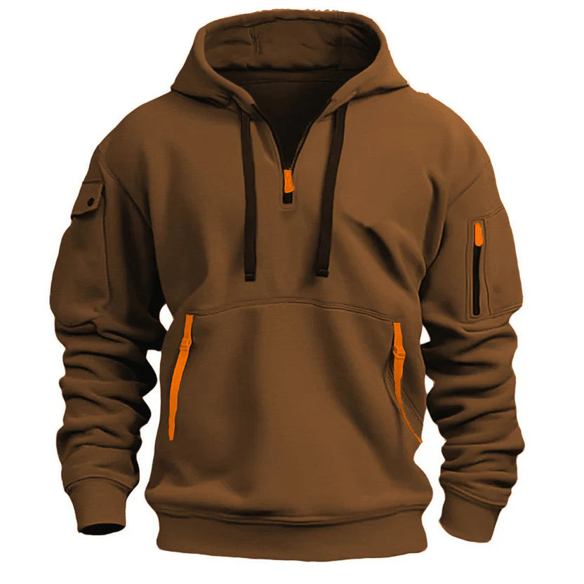 Stylish zippered hooded sweatshirt with multiple pockets, a men's athletic casual jacket.