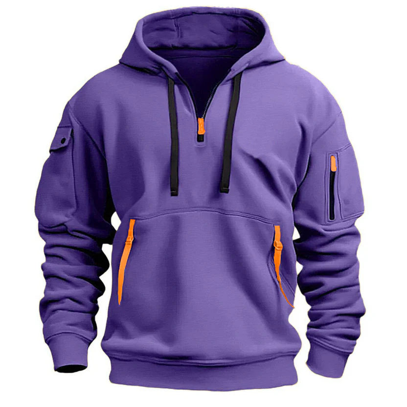 Stylish zippered hooded sweatshirt with multiple pockets, a men's athletic casual jacket.