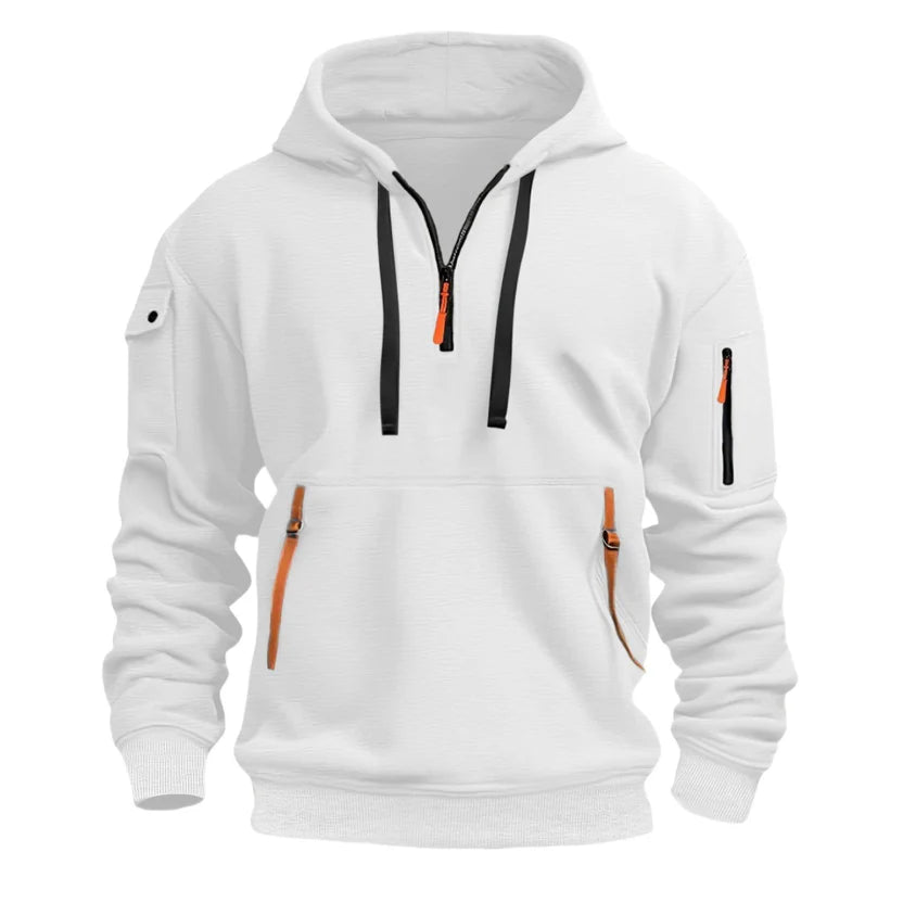Stylish zippered hooded sweatshirt with multiple pockets, a men's athletic casual jacket.
