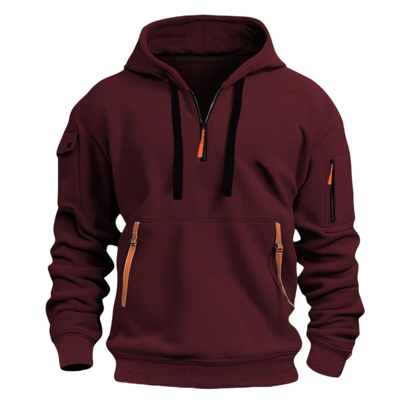 Stylish zippered hooded sweatshirt with multiple pockets, a men's athletic casual jacket.