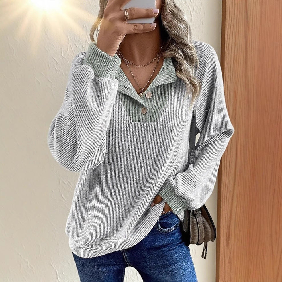 EVALESS Women's Spring Lightweight Puff Long Sleeve Sweatshirt, V Neck Button Up Solid,Casual Basic Pullover Tops, 2026 Fashion Minimalist Outfit