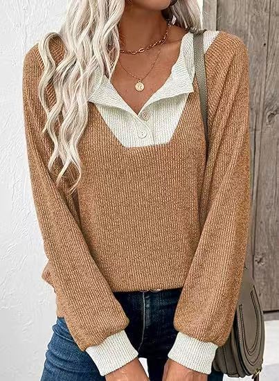 EVALESS Women's Spring Lightweight Puff Long Sleeve Sweatshirt, V Neck Button Up Solid,Casual Basic Pullover Tops, 2026 Fashion Minimalist Outfit